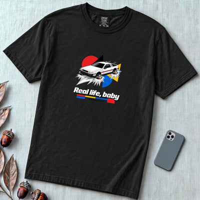 Real Life Baby Flying Car T-Shirt | Future Is Now Tee - Black unfolded t-shirt mockup