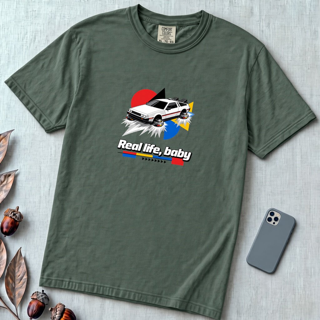 Real Life Baby Flying Car T-Shirt | Future Is Now Tee - Blue Spruce unfolded t-shirt mockup