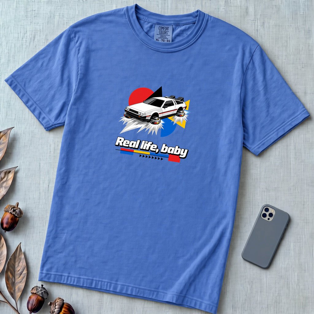 Real Life Baby Flying Car T-Shirt | Future Is Now Tee - Flo Blue unfolded t-shirt mockup