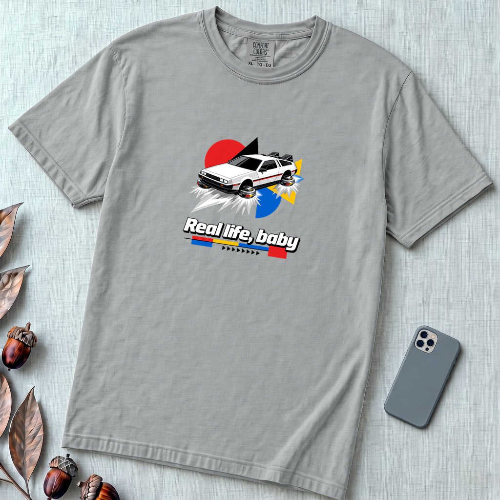 Real Life Baby Flying Car T-Shirt | Future Is Now Tee - Granite unfolded t-shirt mockup