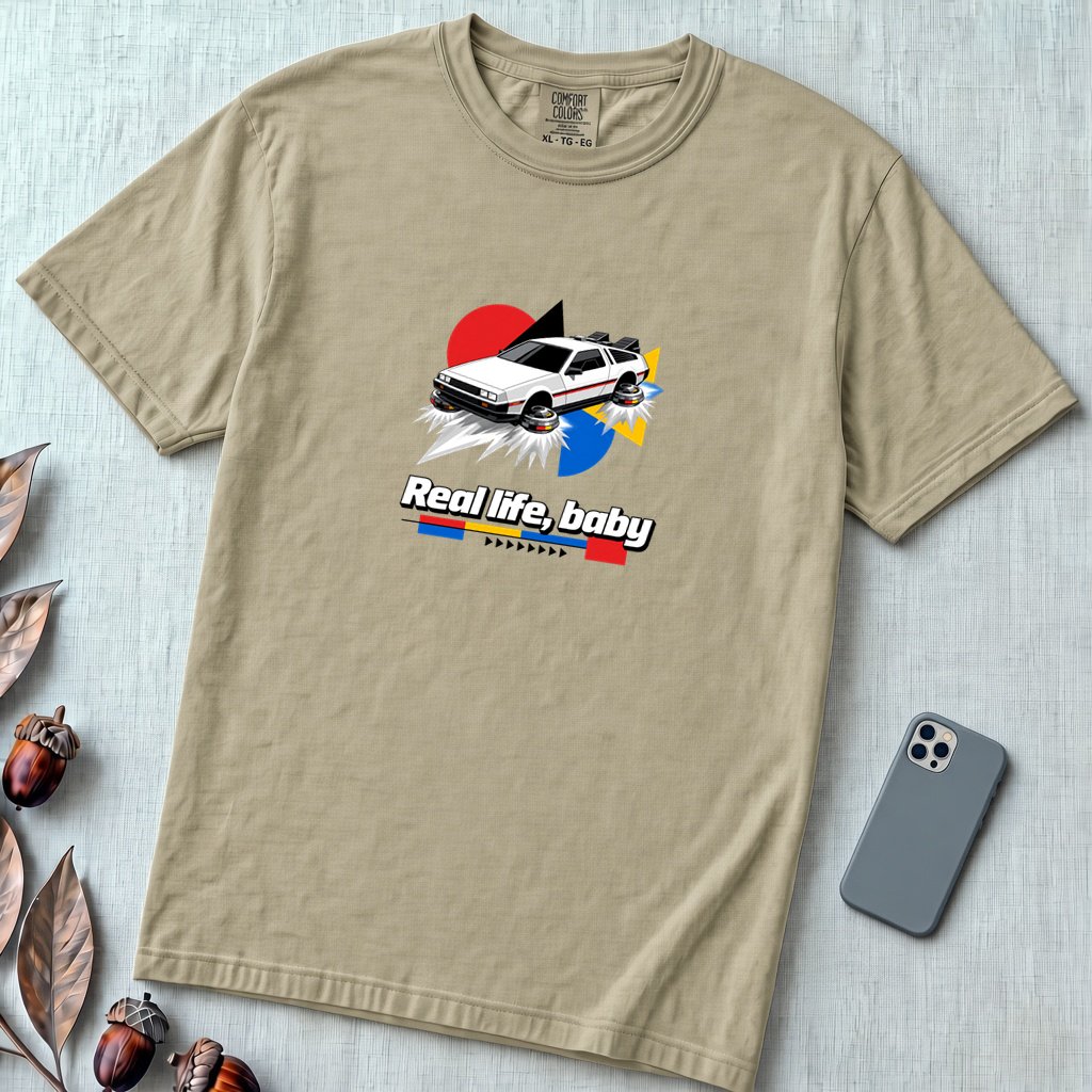 Real Life Baby Flying Car T-Shirt | Future Is Now Tee - Khaki unfolded t-shirt mockup