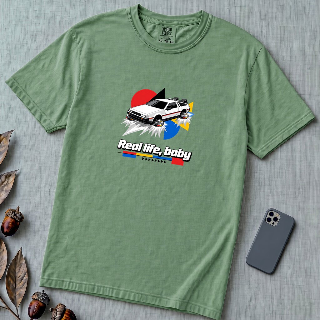 Real Life Baby Flying Car T-Shirt | Future Is Now Tee - Light Green unfolded t-shirt mockup