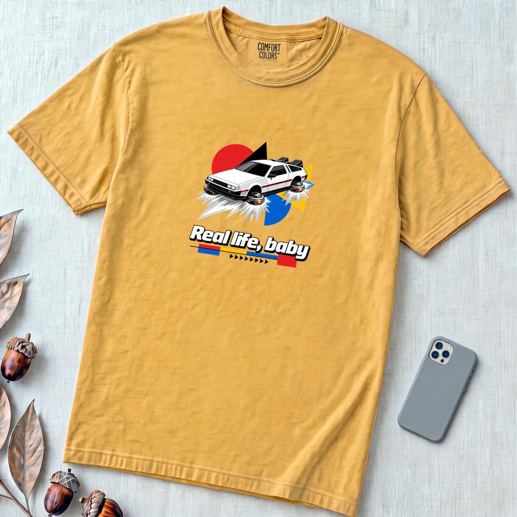 Real Life Baby Flying Car T-Shirt | Future Is Now Tee - Mustard unfolded t-shirt mockup