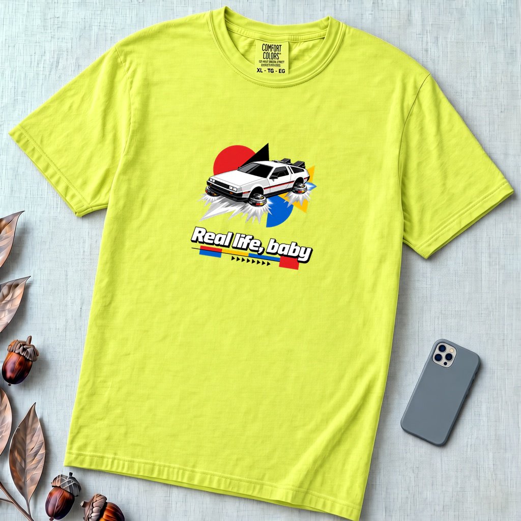 Real Life Baby Flying Car T-Shirt | Future Is Now Tee - Neon Lemon unfolded t-shirt mockup