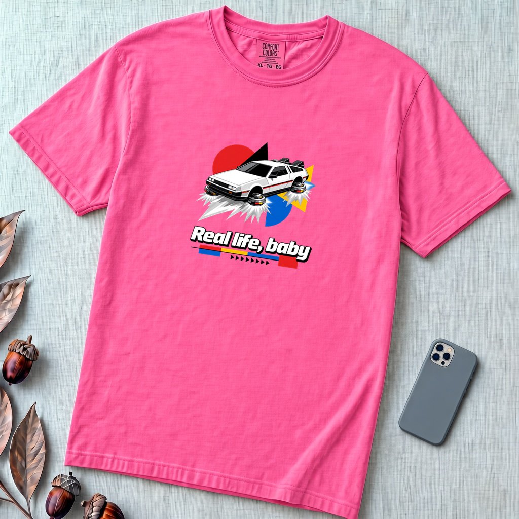 Real Life Baby Flying Car T-Shirt | Future Is Now Tee - Neon Pink unfolded t-shirt mockup