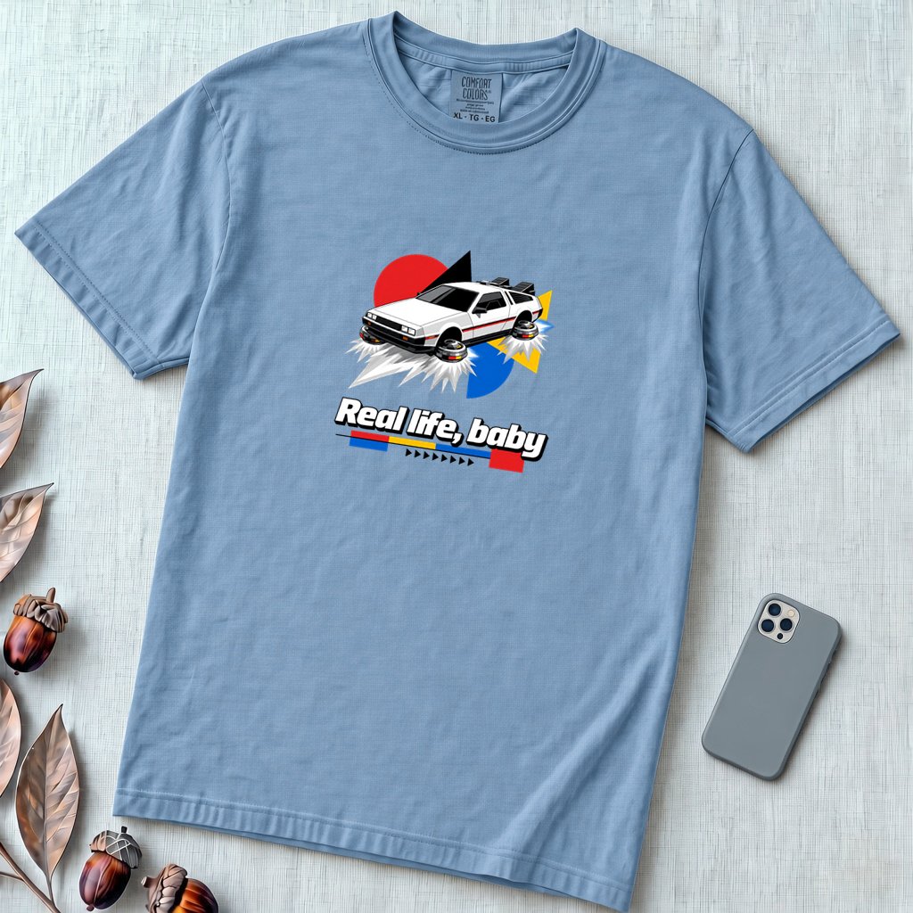Real Life Baby Flying Car T-Shirt | Future Is Now Tee - Washed Denim unfolded t-shirt mockup