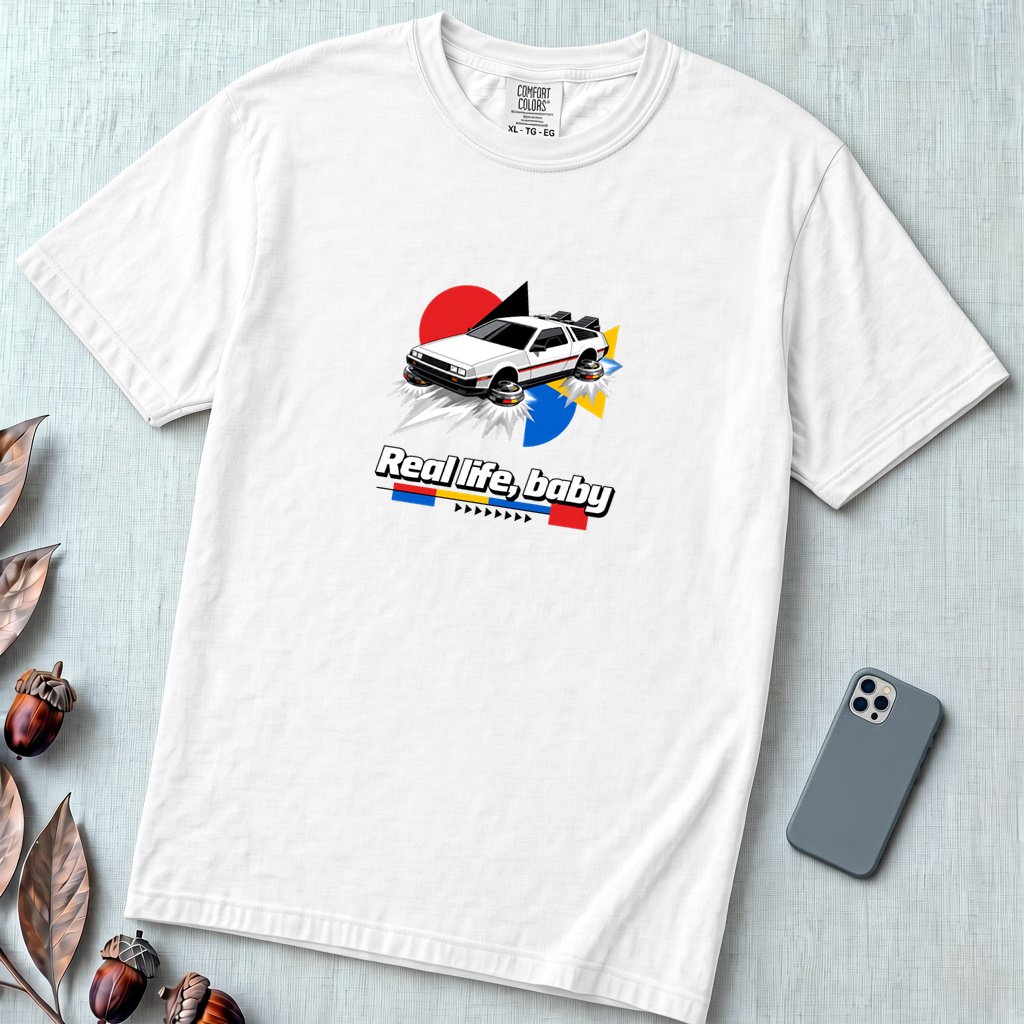 Real Life Baby Flying Car T-Shirt | Future Is Now Tee - White unfolded t-shirt mockup