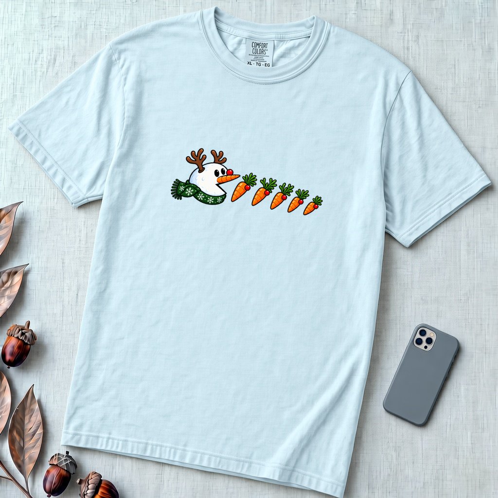 Reindeer Snowman Arcade Inspired T-Shirt - Chambray unfolded t-shirt mockup