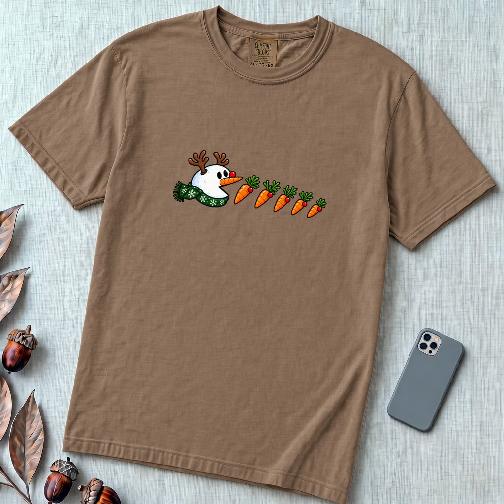 Reindeer Snowman Arcade Inspired T-Shirt - Espresso unfolded t-shirt mockup