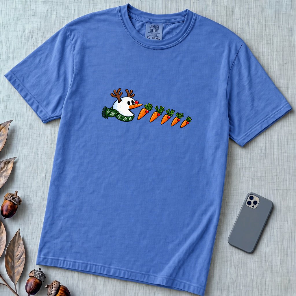 Reindeer Snowman Arcade Inspired T-Shirt - Flo Blue unfolded t-shirt mockup