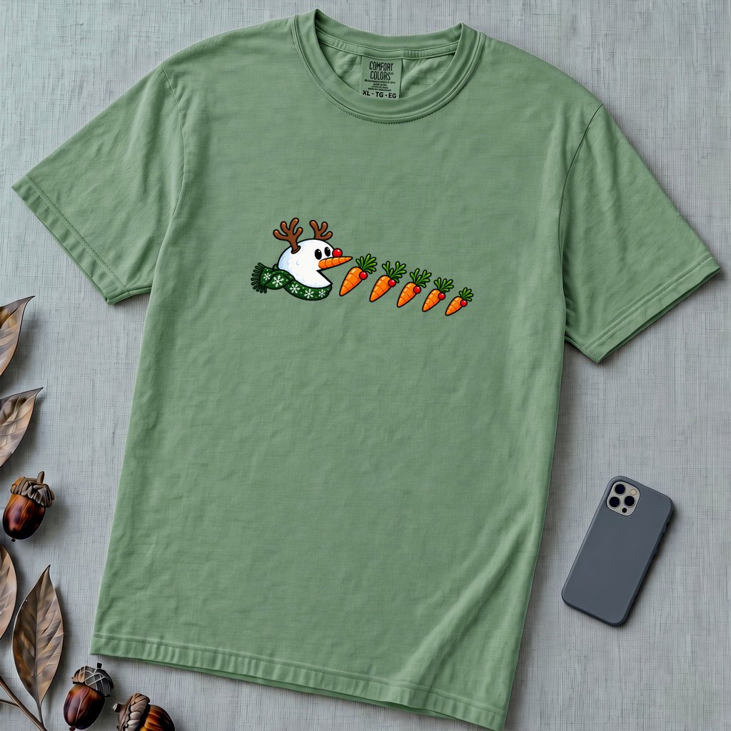 Reindeer Snowman Arcade Inspired T-Shirt - Light Green unfolded t-shirt mockup