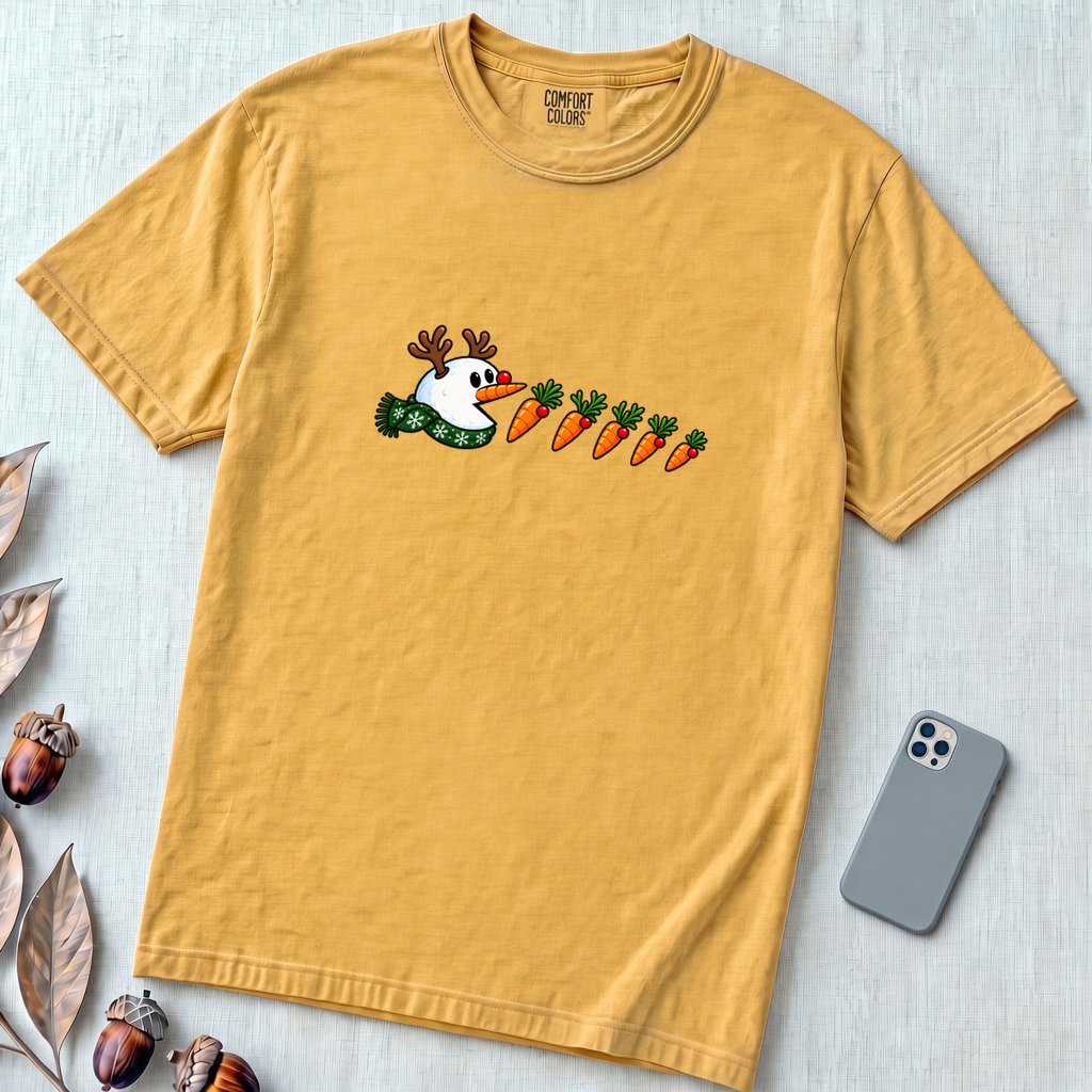 Reindeer Snowman Arcade Inspired T-Shirt - Mustard unfolded t-shirt mockup