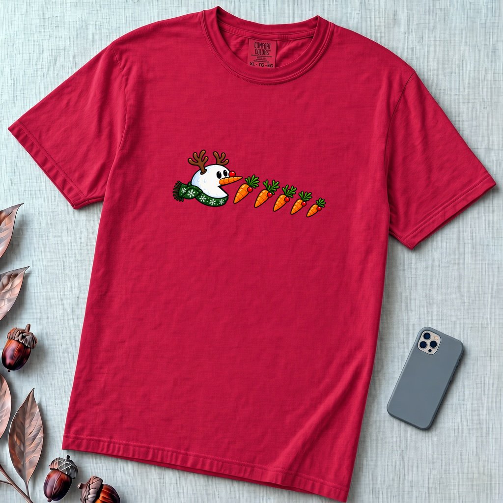 Reindeer Snowman Arcade Inspired T-Shirt - Red unfolded t-shirt mockup