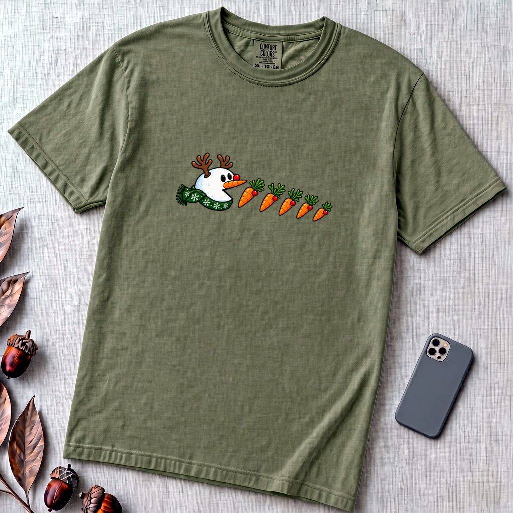 Reindeer Snowman Arcade Inspired T-Shirt - Sage unfolded t-shirt mockup