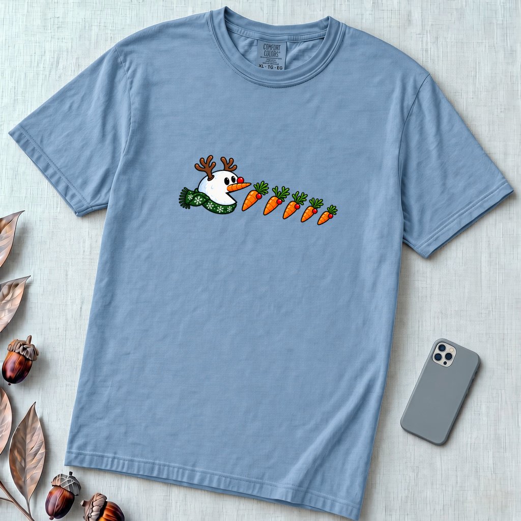 Reindeer Snowman Arcade Inspired T-Shirt - Washed Denim unfolded t-shirt mockup