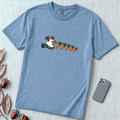 Reindeer Snowman Arcade Inspired T-Shirt - Washed Denim unfolded t-shirt mockup