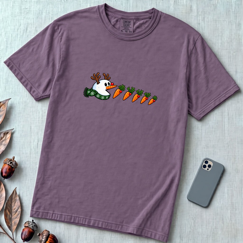 Reindeer Snowman Arcade Inspired T-Shirt - Wine unfolded t-shirt mockup