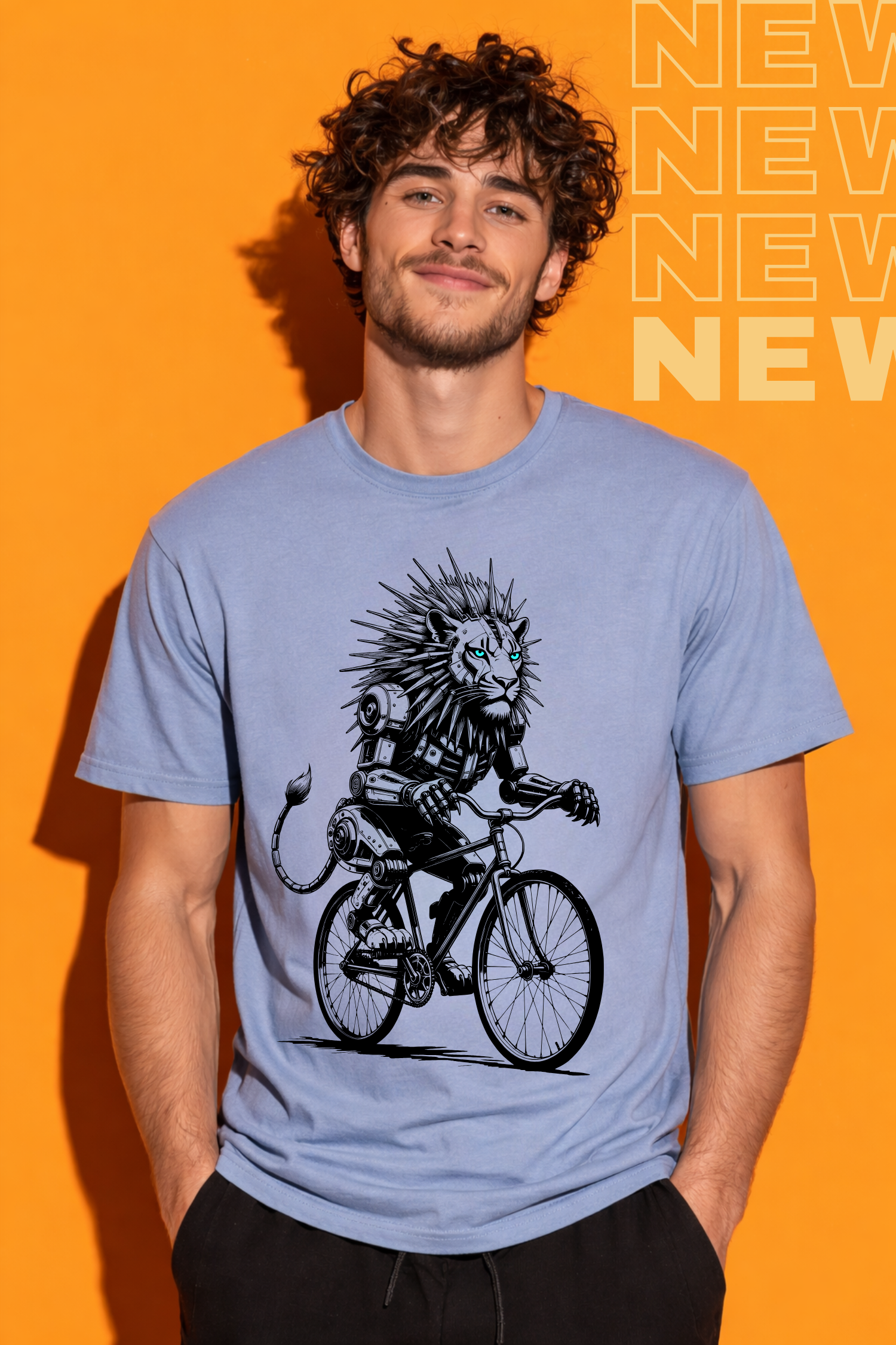 Man wearing a blue t-shirt with a graphic design of a lion riding a bicycle on an orange background.