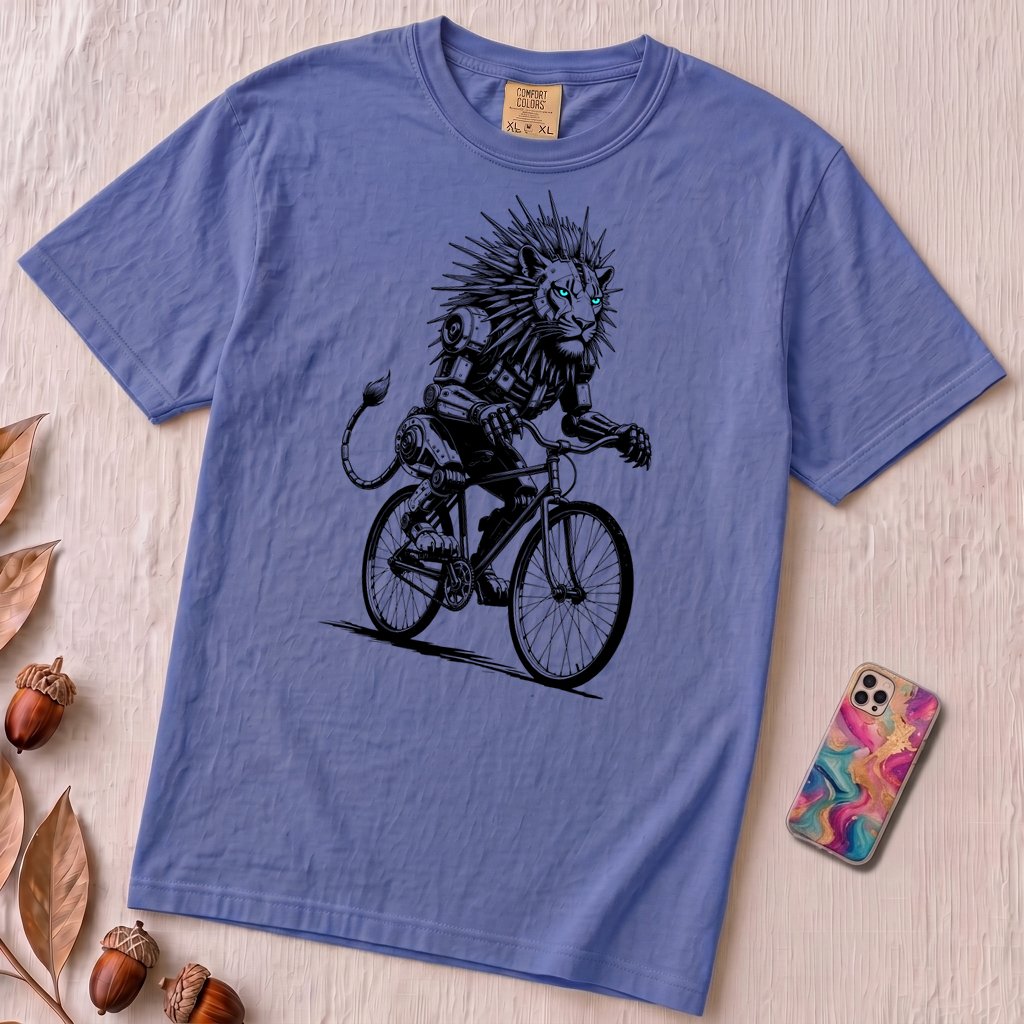 Robot Lion riding bicycle T-Shirt, Cyberpunk Cycling Gift - Flo Blue unfolded t-shirt mockup