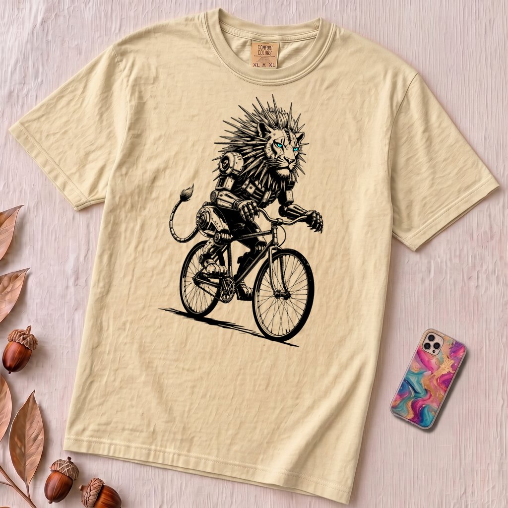 Robot Lion riding bicycle T-Shirt, Cyberpunk Cycling Gift - Ivory unfolded t-shirt mockup