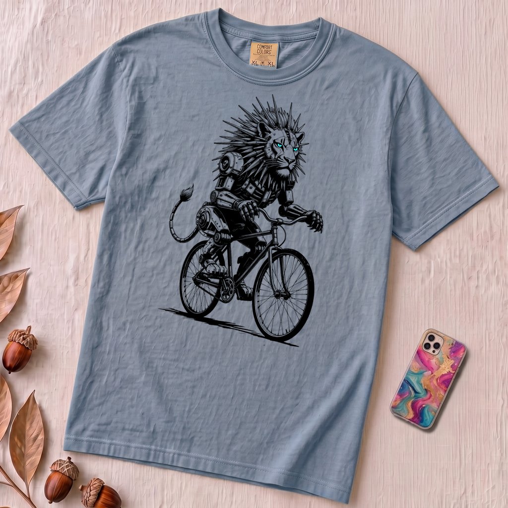 Robot Lion riding bicycle T-Shirt, Cyberpunk Cycling Gift - Washed Denim unfolded t-shirt mockup