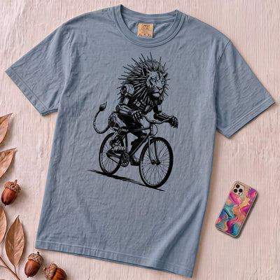 Robot Lion riding bicycle T-Shirt, Cyberpunk Cycling Gift - Washed Denim unfolded t-shirt mockup