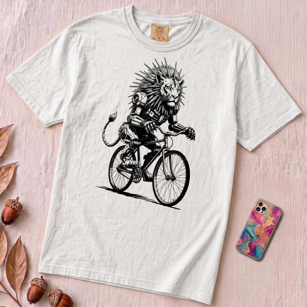 Robot Lion riding bicycle T-Shirt, Cyberpunk Cycling Gift - White unfolded t-shirt mockup