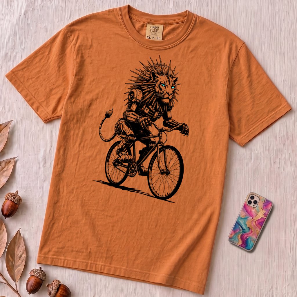 Robot Lion riding bicycle T-Shirt, Cyberpunk Cycling Gift - Yam unfolded t-shirt mockup
