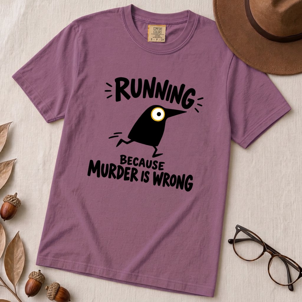 Running Because Murder Is Wrong Crow T-Shirt - Berry unfolded t-shirt mockup