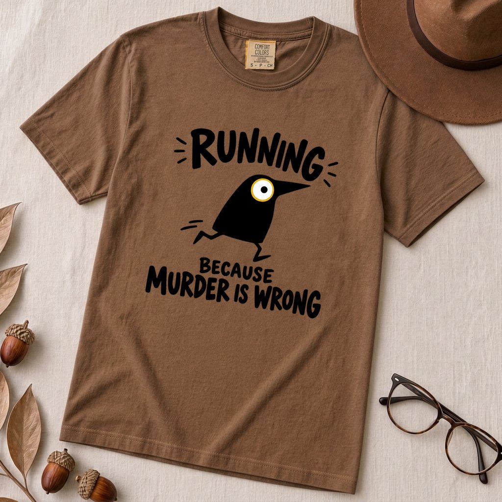 Running Because Murder Is Wrong Crow T-Shirt - Espresso unfolded t-shirt mockup