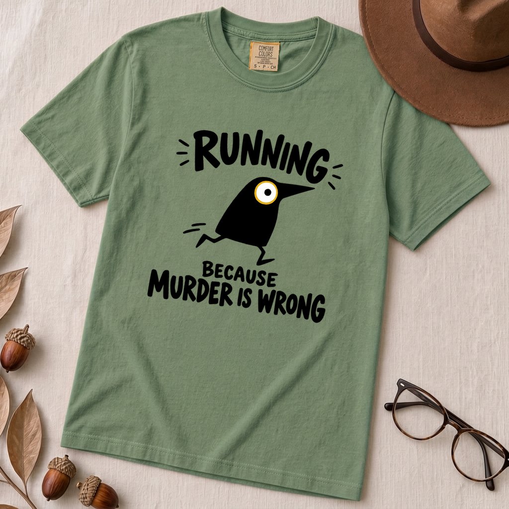 Running Because Murder Is Wrong Crow T-Shirt - Light Green unfolded t-shirt mockup