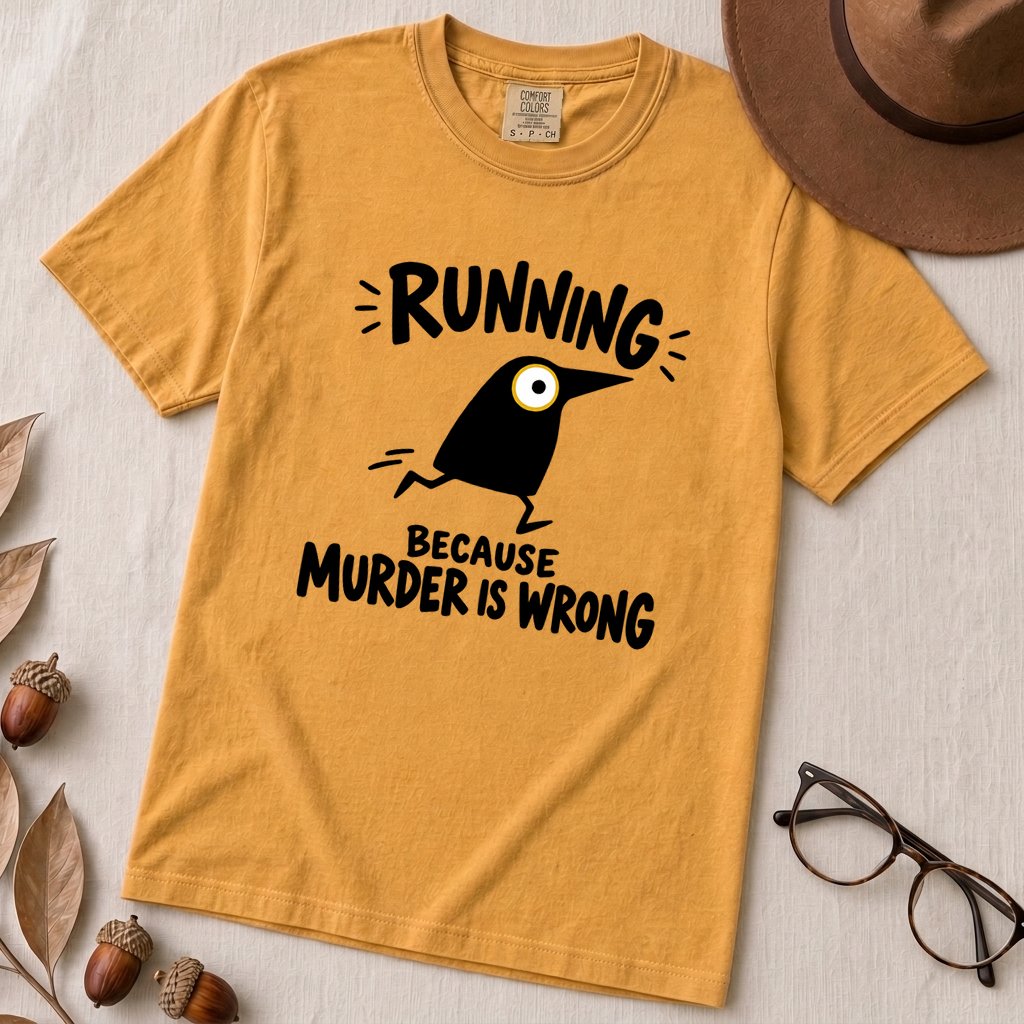 Running Because Murder Is Wrong Crow T-Shirt - Mustard unfolded t-shirt mockup
