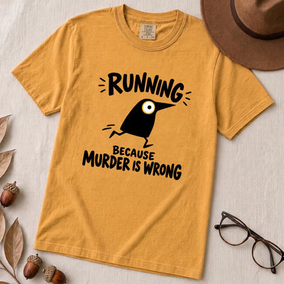 Running Because Murder Is Wrong Crow T-Shirt - Mustard unfolded t-shirt mockup