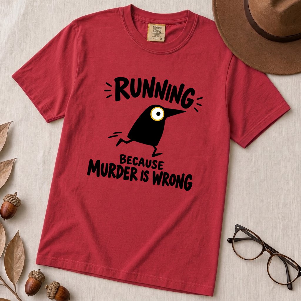 Running Because Murder Is Wrong Crow T-Shirt - Red unfolded t-shirt mockup