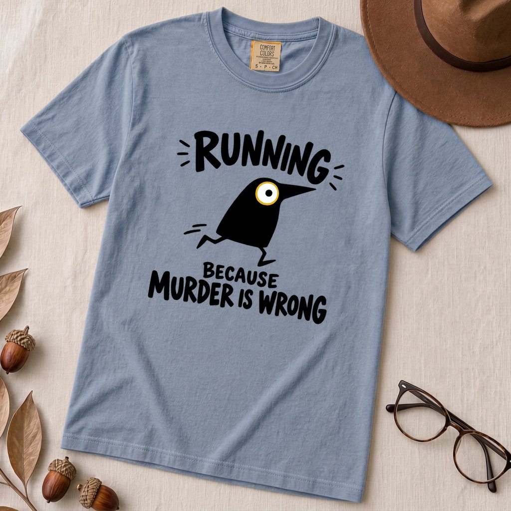Running Because Murder Is Wrong Crow T-Shirt - Washed Denim unfolded t-shirt mockup