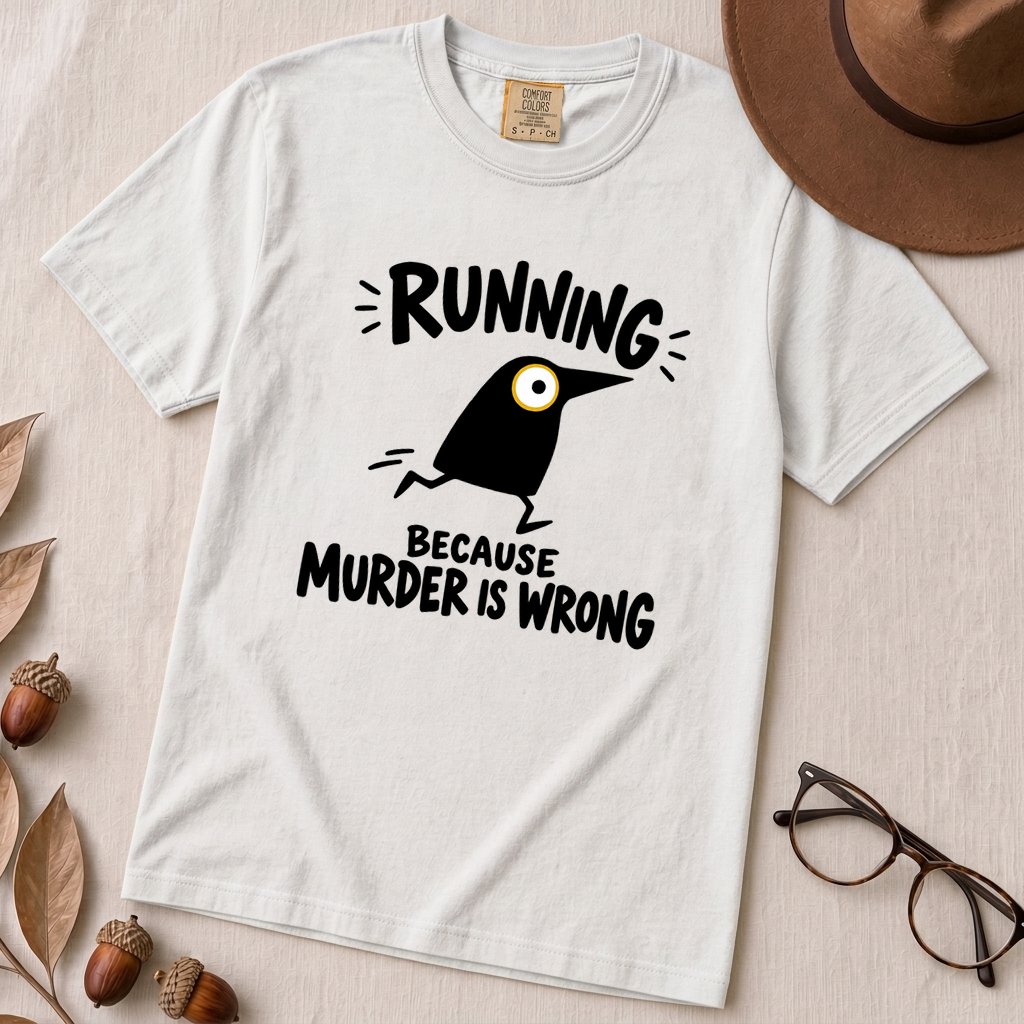 Running Because Murder Is Wrong Crow T-Shirt - White unfolded t-shirt mockup