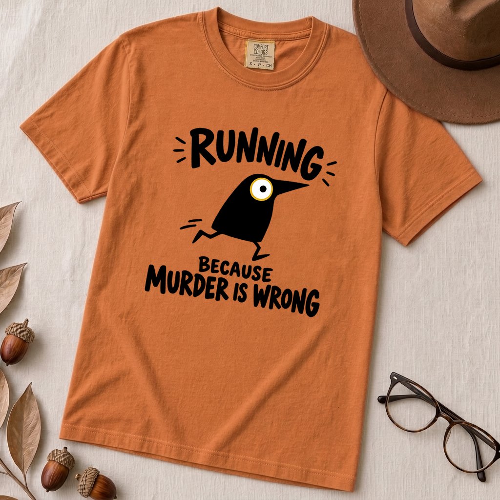 Running Because Murder Is Wrong Crow T-Shirt - Yam unfolded t-shirt mockup