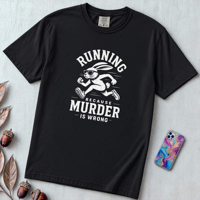 Running Because Murder Is Wrong T-Shirt, Funny Running Tee with Rabbit - Black unfolded t-shirt mockup