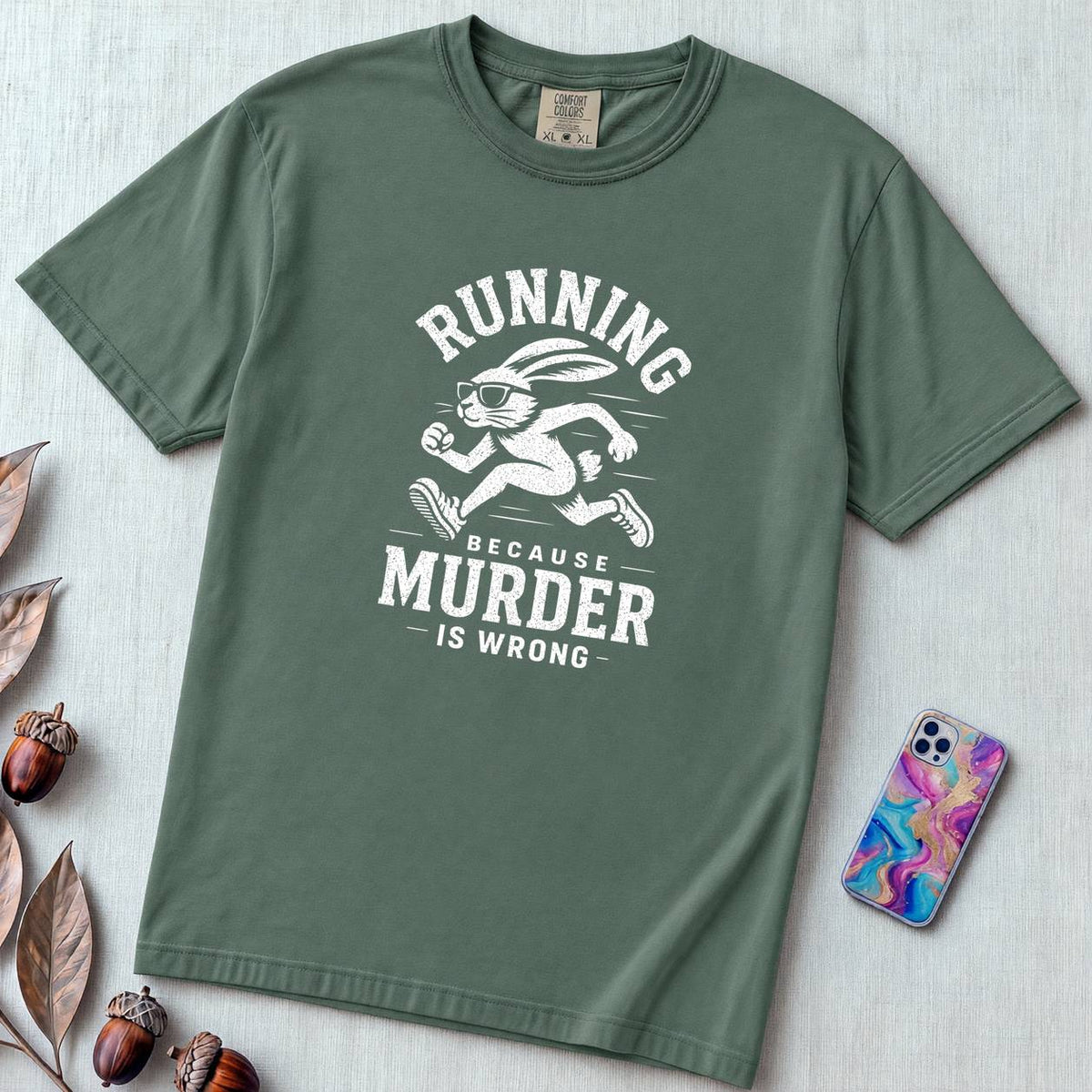 Running Because Murder Is Wrong T-Shirt, Funny Running Tee with Rabbit - Blue Spruce unfolded t-shirt mockup