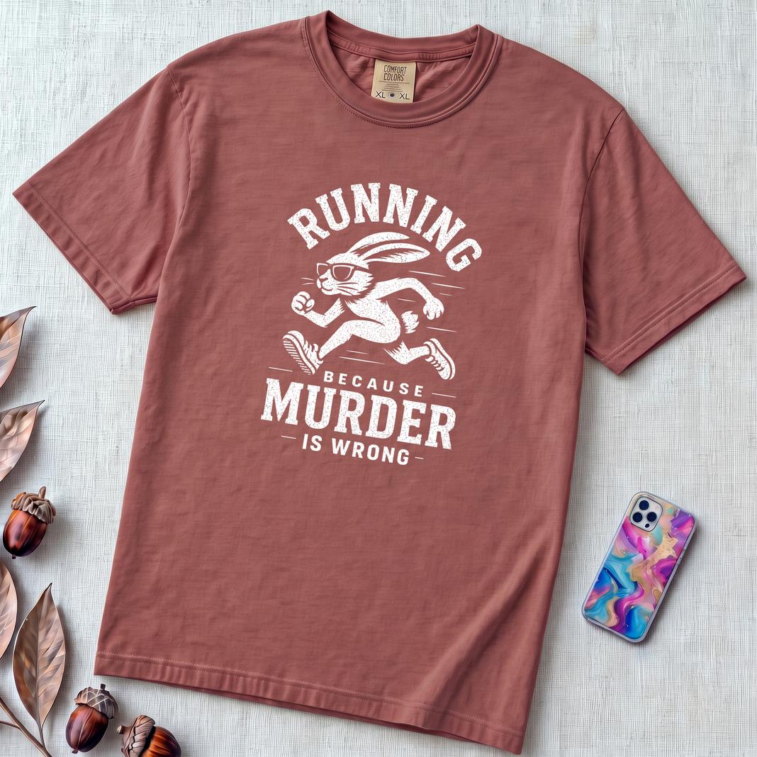 Running Because Murder Is Wrong T-Shirt, Funny Running Tee with Rabbit - Brick unfolded t-shirt mockup