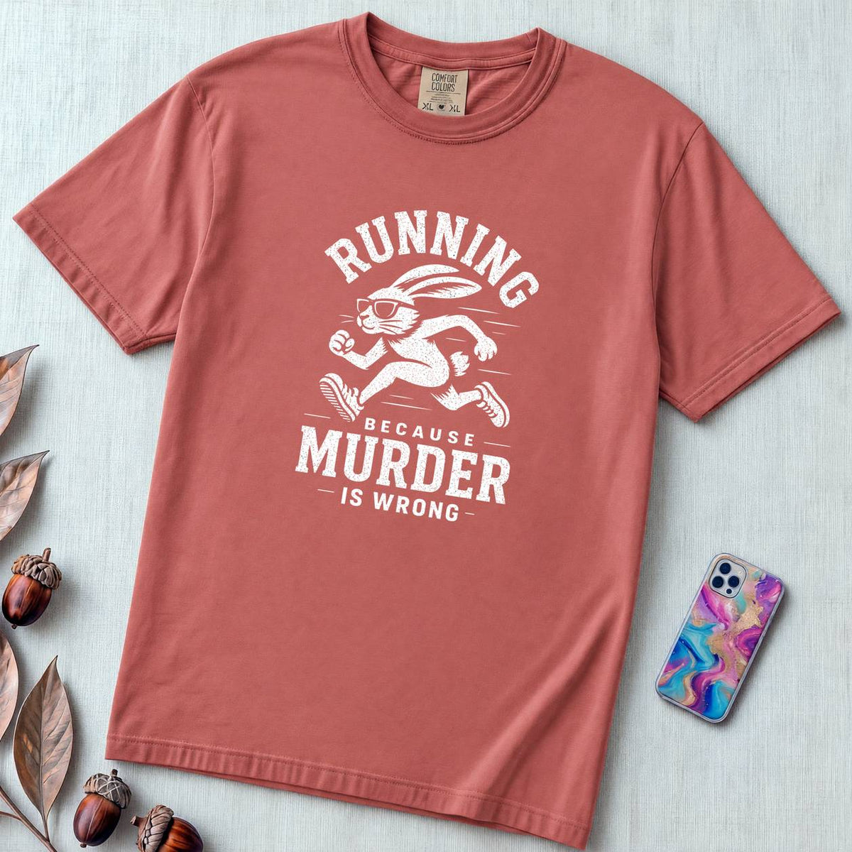 Running Because Murder Is Wrong T-Shirt, Funny Running Tee with Rabbit - Crimson unfolded t-shirt mockup