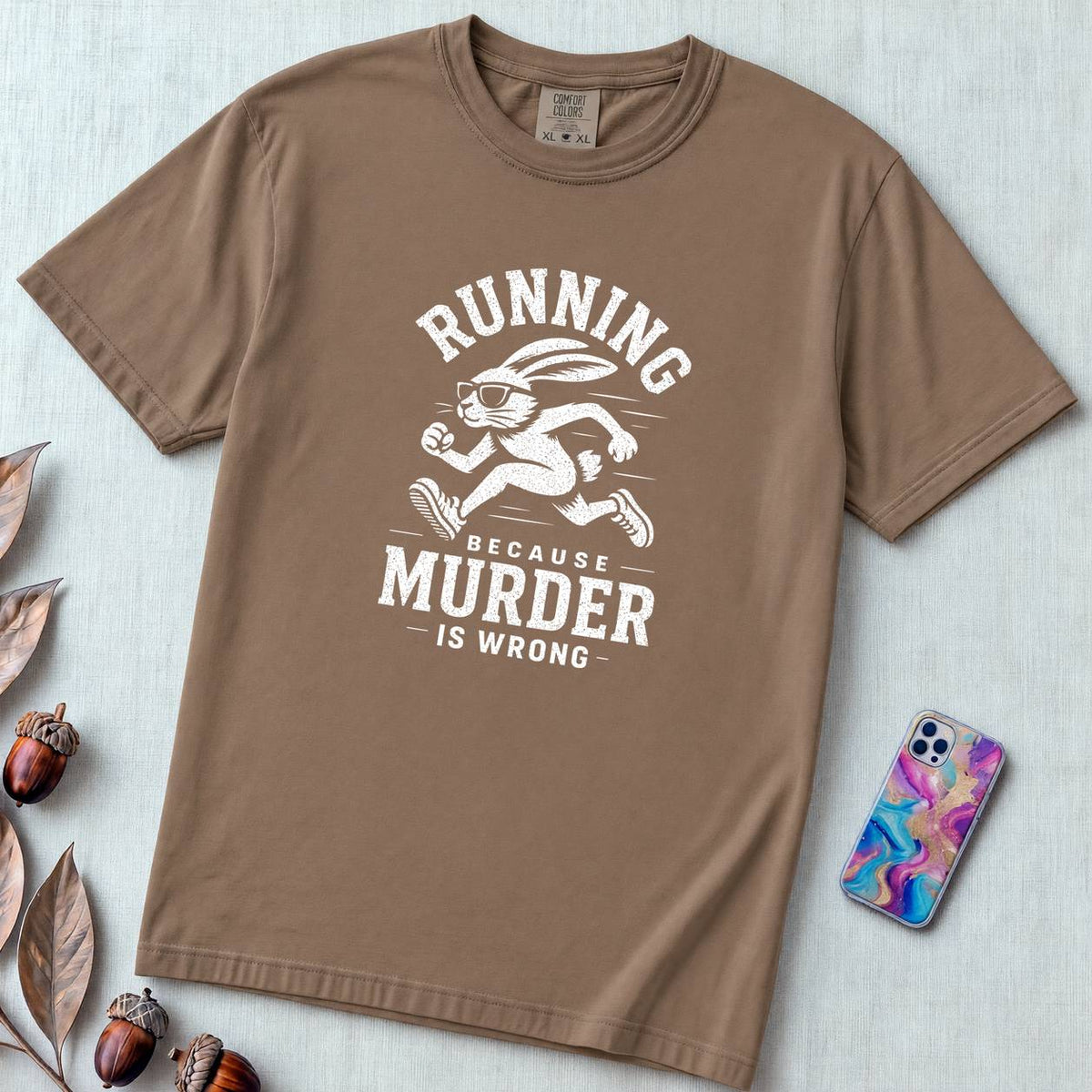 Running Because Murder Is Wrong T-Shirt, Funny Running Tee with Rabbit - Espresso unfolded t-shirt mockup