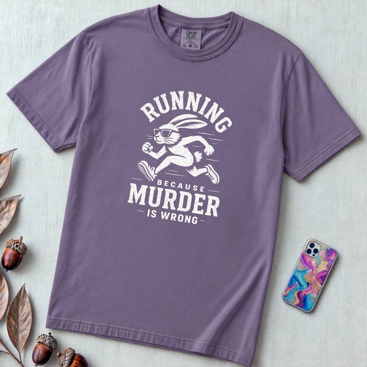 Running Because Murder Is Wrong T-Shirt, Funny Running Tee with Rabbit - Grape unfolded t-shirt mockup