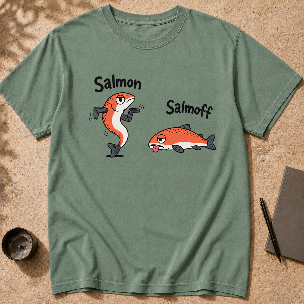 Funny Salmon-Salmoff Pun T-Shirt, Exhausted Fish Humor