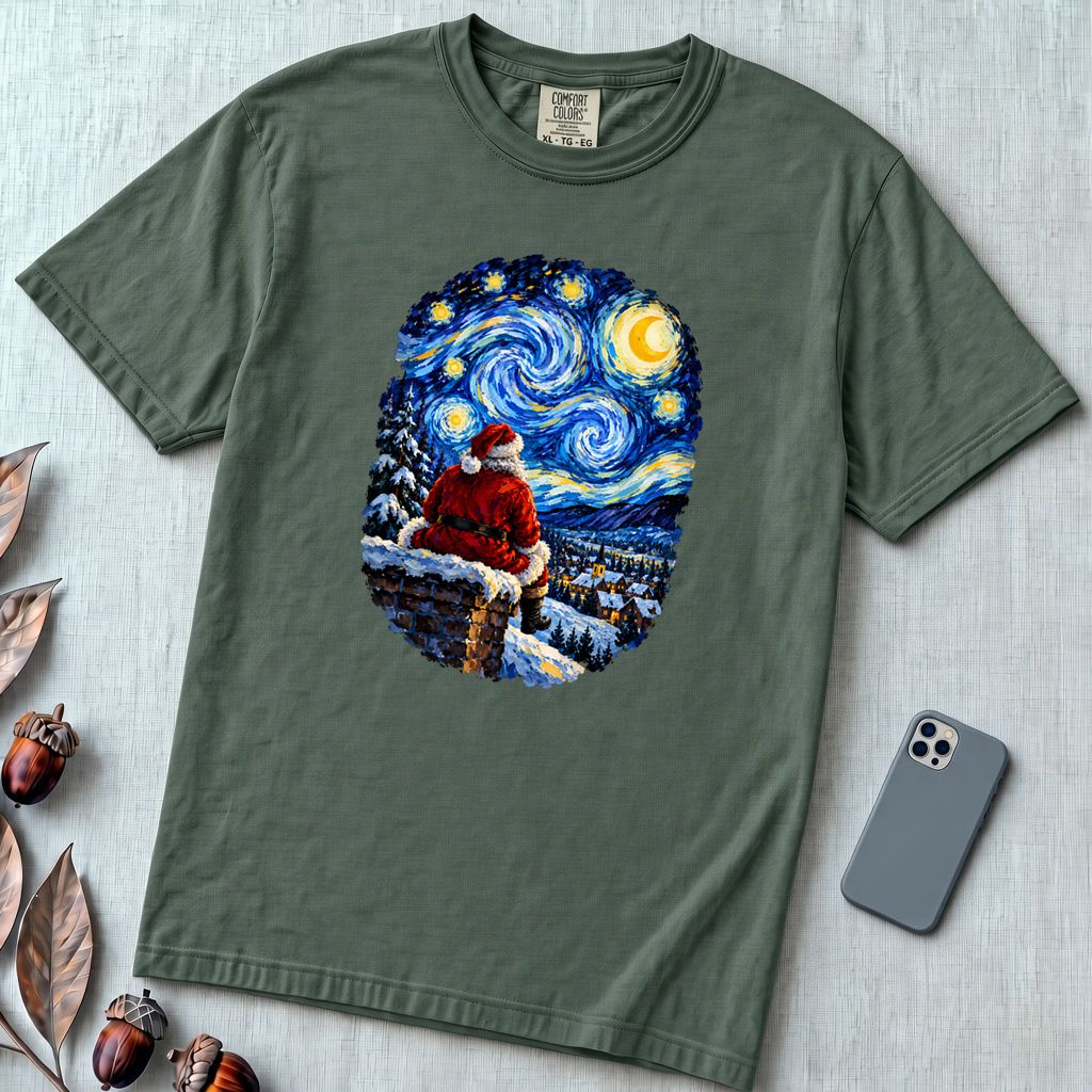 Santa Starry Night Christmas T-Shirt, Van Gogh Inspired Tee - Blue Spruce unfolded t-shirt mockup