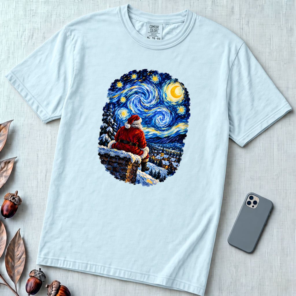 Santa Starry Night Christmas T-Shirt, Van Gogh Inspired Tee - Chambray unfolded t-shirt mockup
