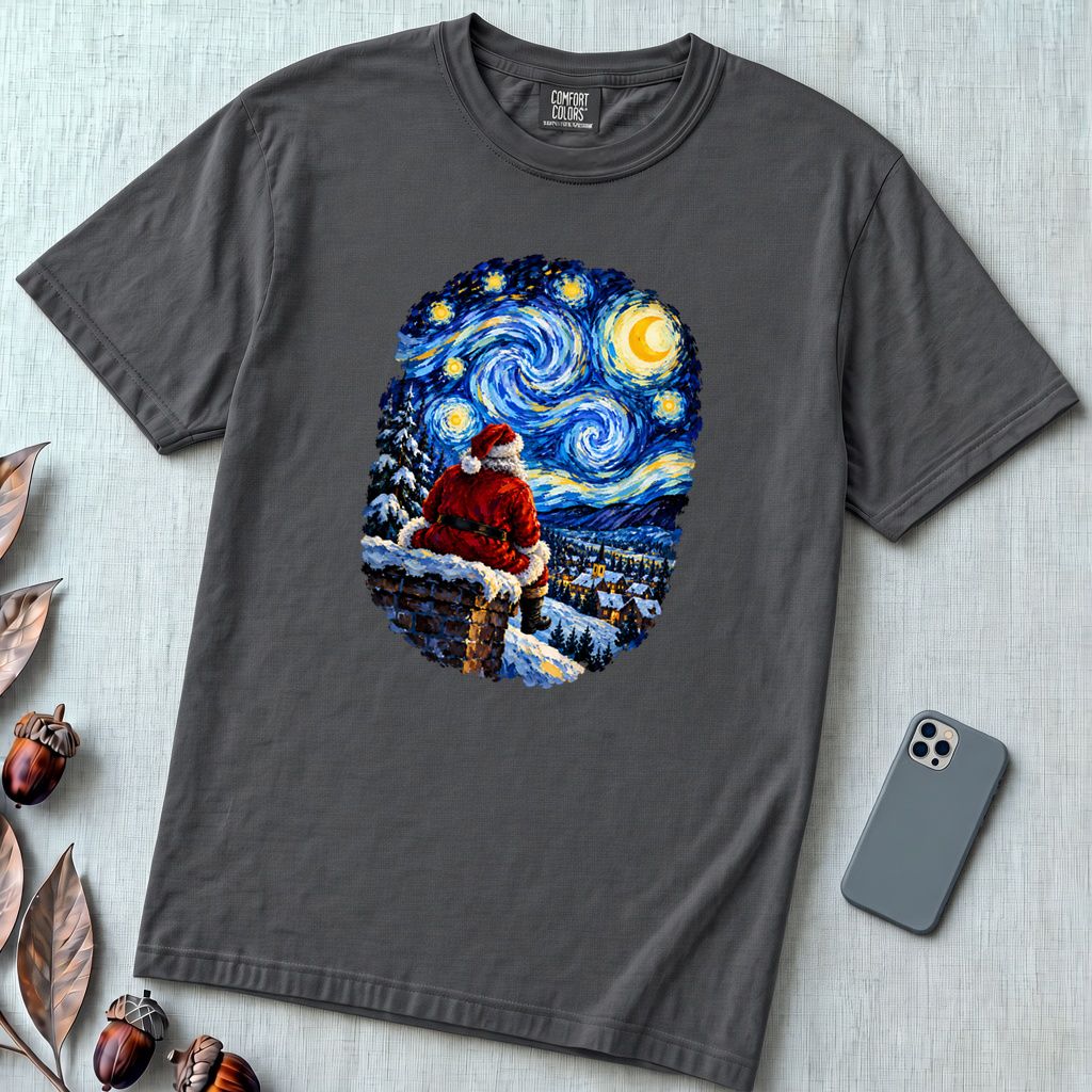 Santa Starry Night Christmas T-Shirt, Van Gogh Inspired Tee - Graphite unfolded t-shirt mockup