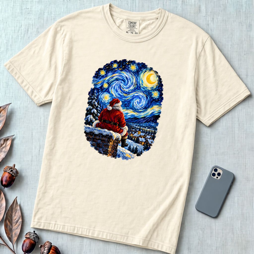 Santa Starry Night Christmas T-Shirt, Van Gogh Inspired Tee - Ivory unfolded t-shirt mockup