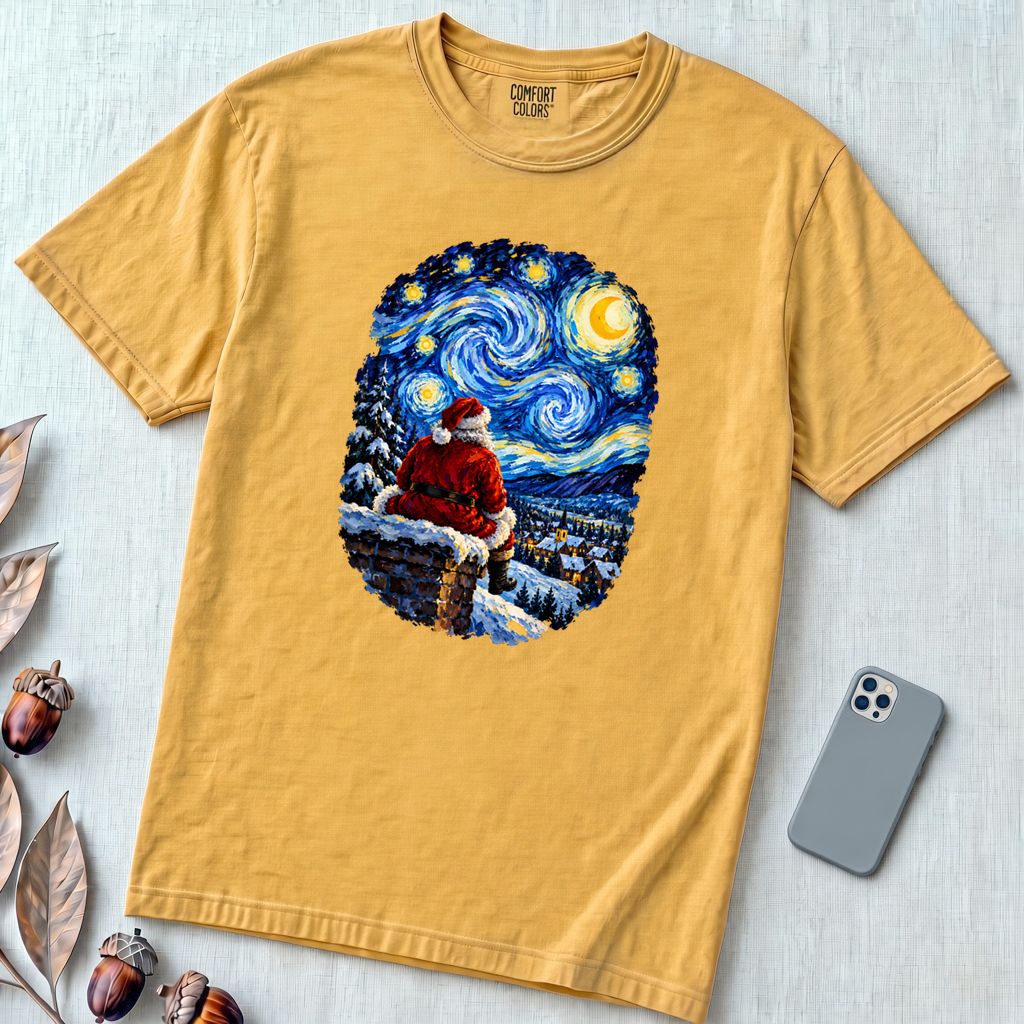 Santa Starry Night Christmas T-Shirt, Van Gogh Inspired Tee - Mustard unfolded t-shirt mockup