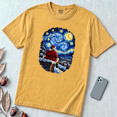 Santa Starry Night Christmas T-Shirt, Van Gogh Inspired Tee - Mustard unfolded t-shirt mockup